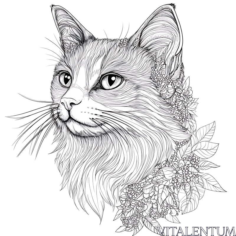 Cat Illustration with Intricate Floral Elements AI Image