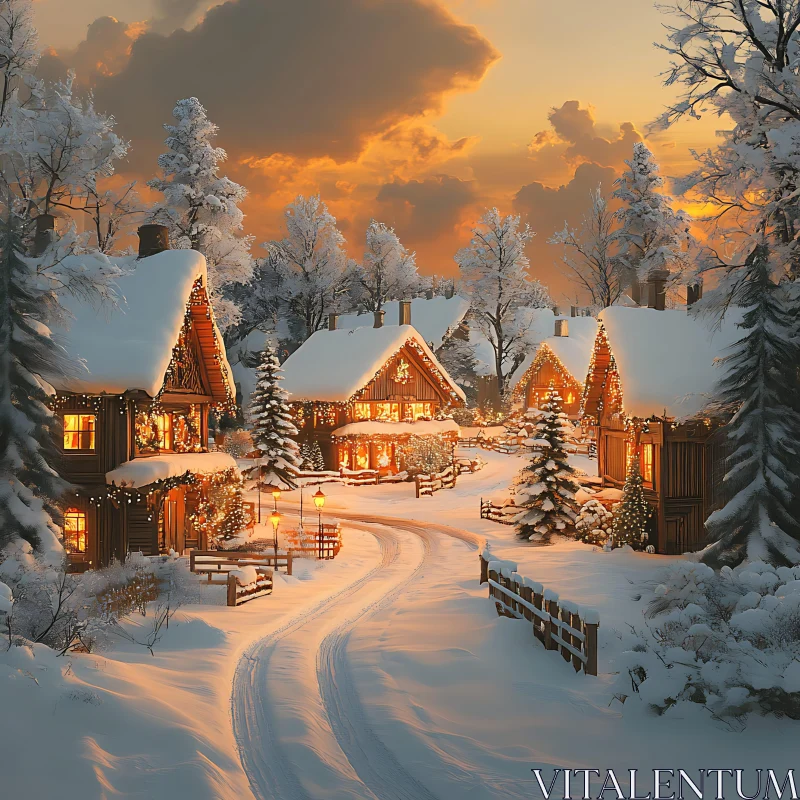 Sunset Over a Festive Snowy Village AI Image