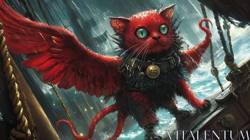 Red-Winged Cat on Stormy Ship AI Image