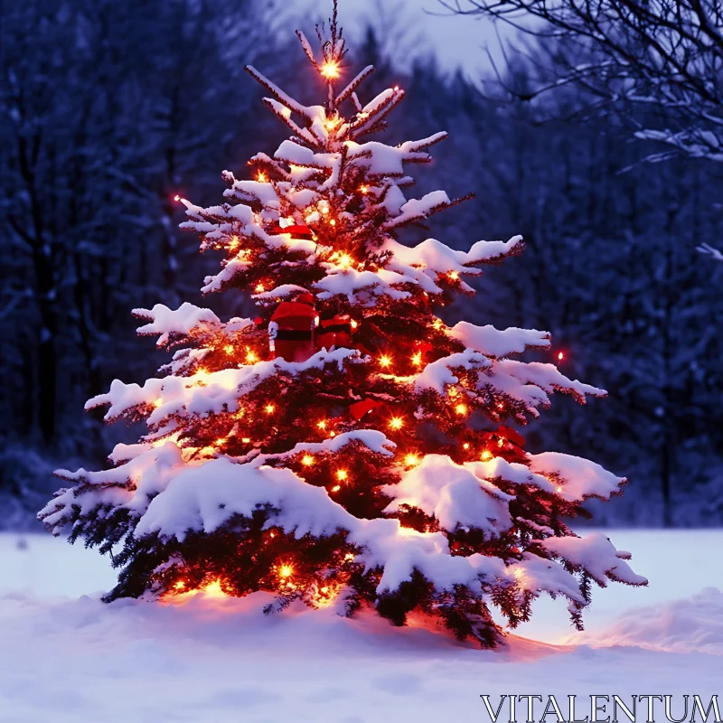 Snowy Christmas Tree Illuminated in a Winter Wonderland AI Image