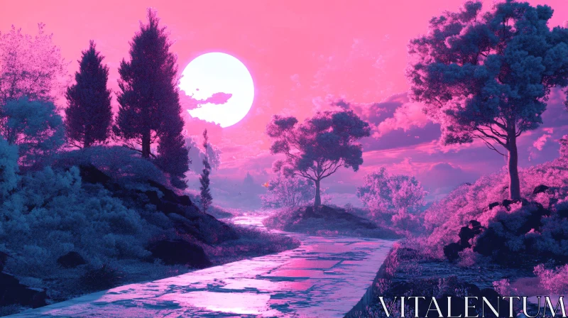 AI ART Surreal Pink Sky Sunset Over Nature Path