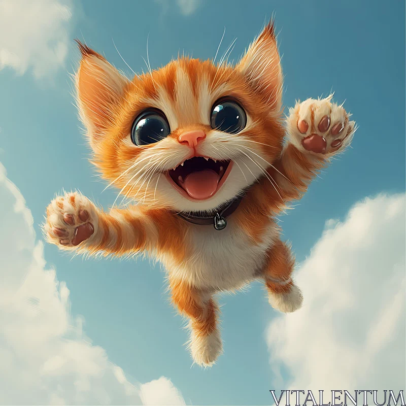 Joyful Kitten Leaping in the Sky Illustration AI Image