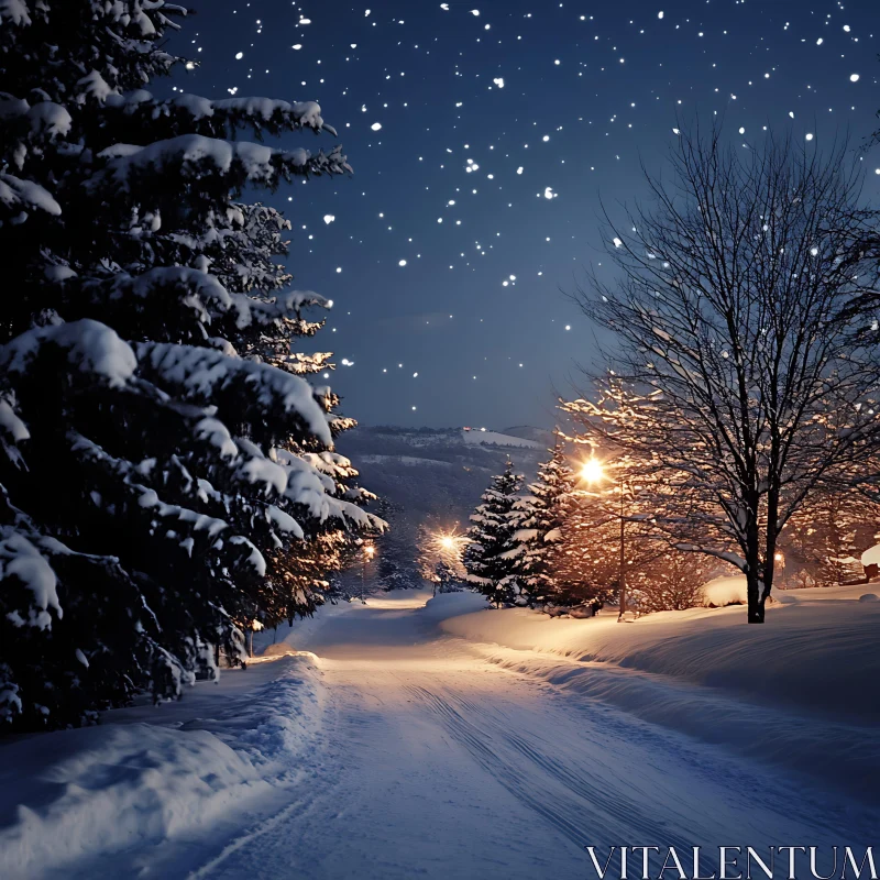 Snowy Pathway Under Starry Sky On a Winter Night AI Image