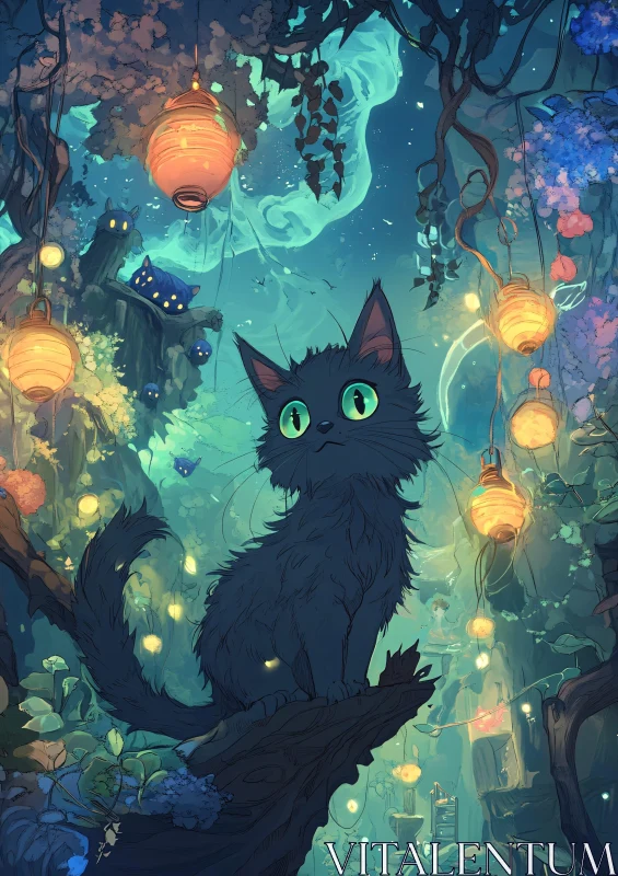 AI ART Fantastical Night Scene with Black Cat and Lanterns