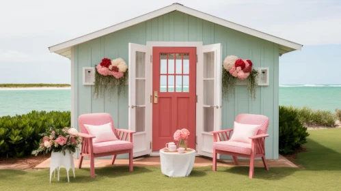 Charming Turquoise Hut with Pink Chairs and Floral Accents