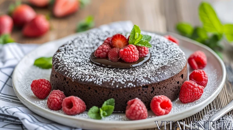 Decadent Chocolate Cake with Raspberries and Mint | Food Photography AI Image