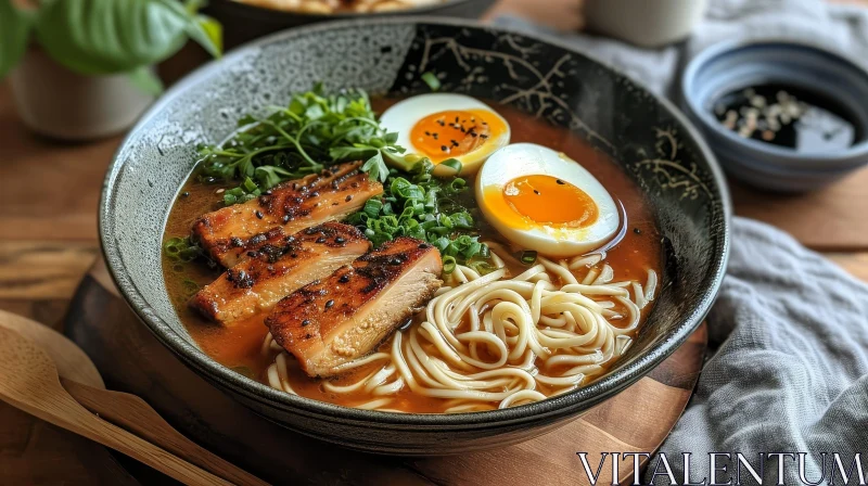 Delicious Ramen Bowl with Chicken, Eggs, and Vegetables AI Image