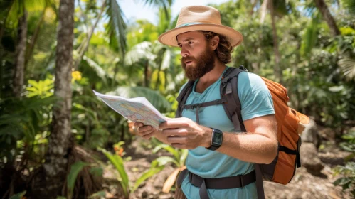 Exploring the Enchanting Tropical Forest: A Bearded Man with a Map