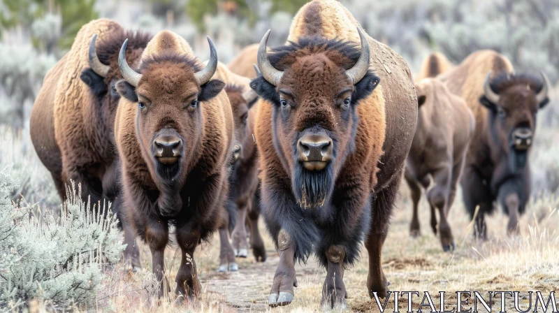Majestic Bison Group Walking Towards the Camera AI Image