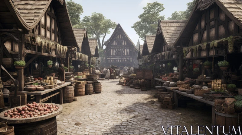 Medieval Market Illustration with Wooden Structures and Fruit AI Image