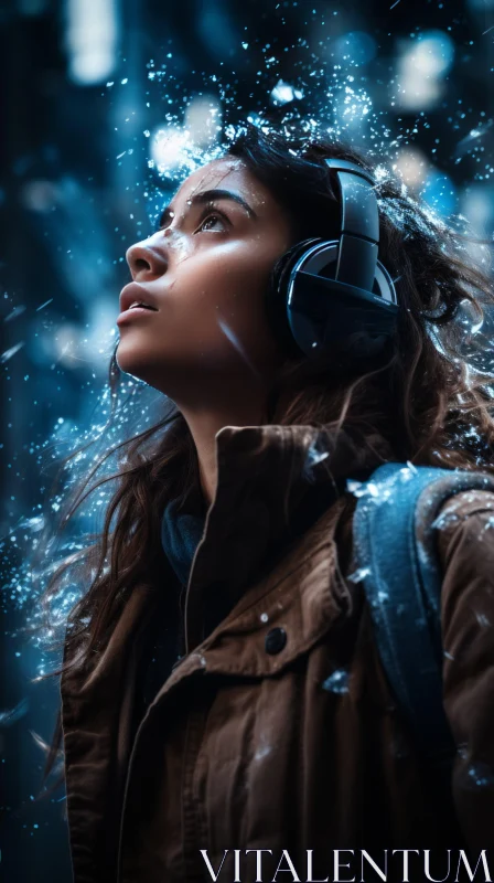 Person Wearing Headphones in Snow - Futuristic Sci-Fi Art AI Image