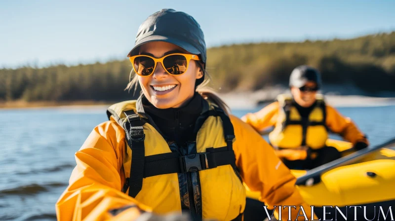 Smiling Woman in Kayak with Forest Background AI Image