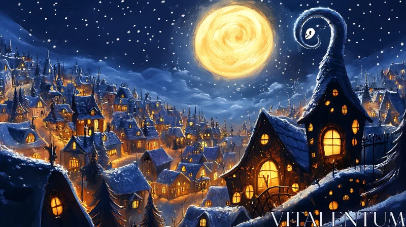 AI ART Enchanting Snowy Night Village