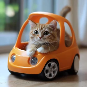 Cute Kitten Playing in a Toy Car