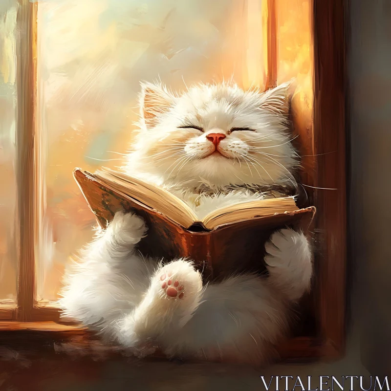 Fluffy Cat Enjoying a Book AI Image