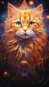 Fantasy Cat Amidst Cosmic Cityscape