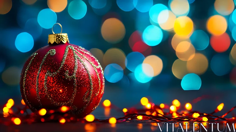 Red and Gold Christmas Ornament and Bokeh Lights AI Image