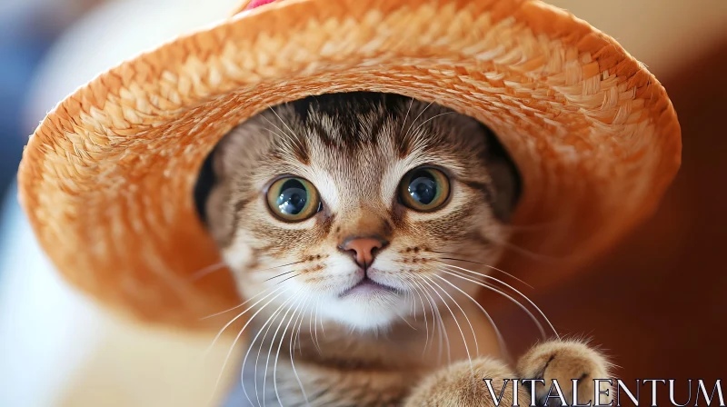 Charming Kitten in Woven Hat Close-Up AI Image