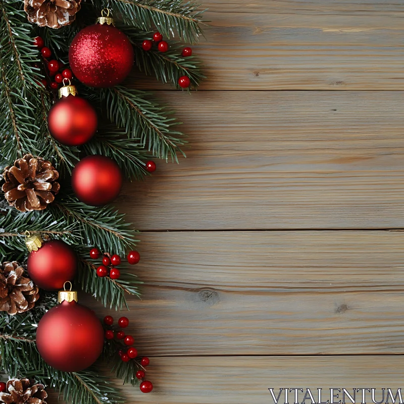 Holiday Decorations with Red Ornaments and Pinecones on Wooden Background AI Image