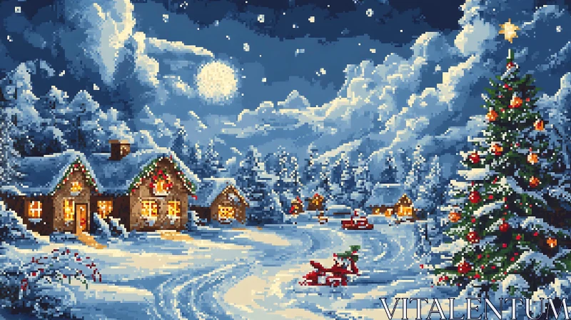 AI ART Snowy Winter Wonderland with Charming Cabins and Decorated Christmas Tree