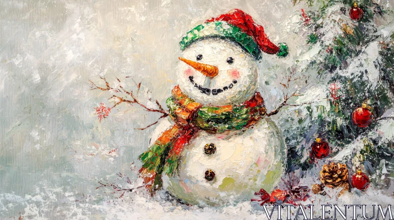 Charming Holiday Snowman and Decorated Tree AI Image