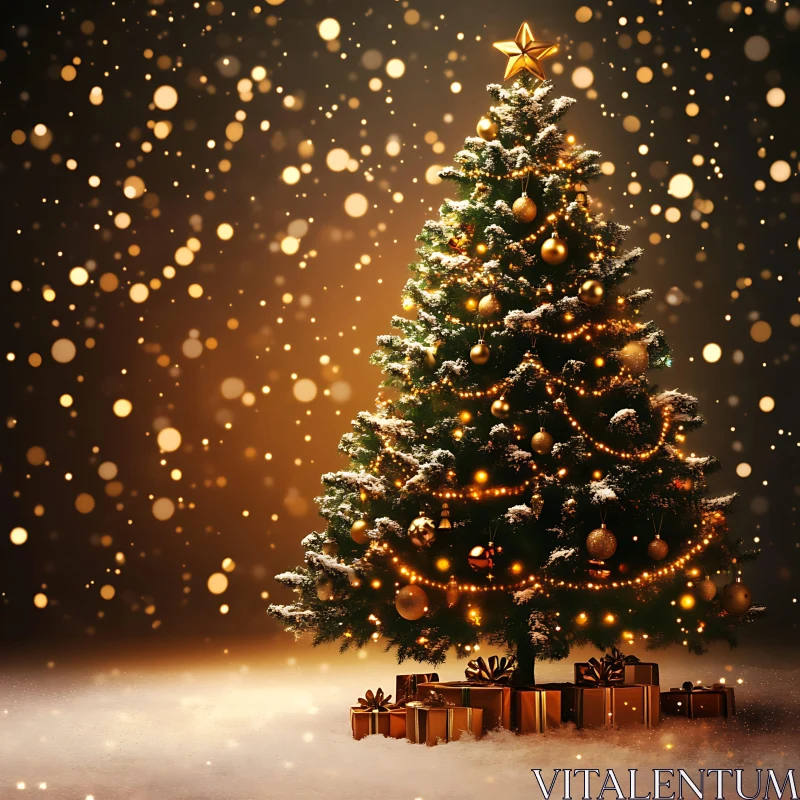 Festive Christmas Tree Decorated with Lights and Gifts AI Image