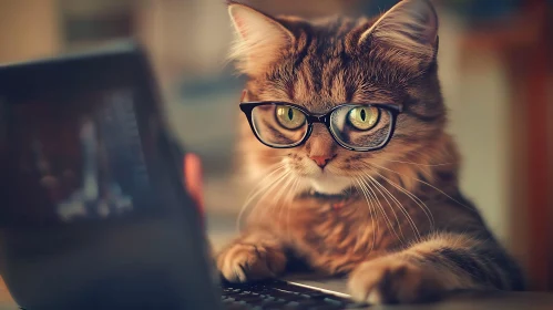 Inquisitive Cat Wearing Glasses Staring at Laptop