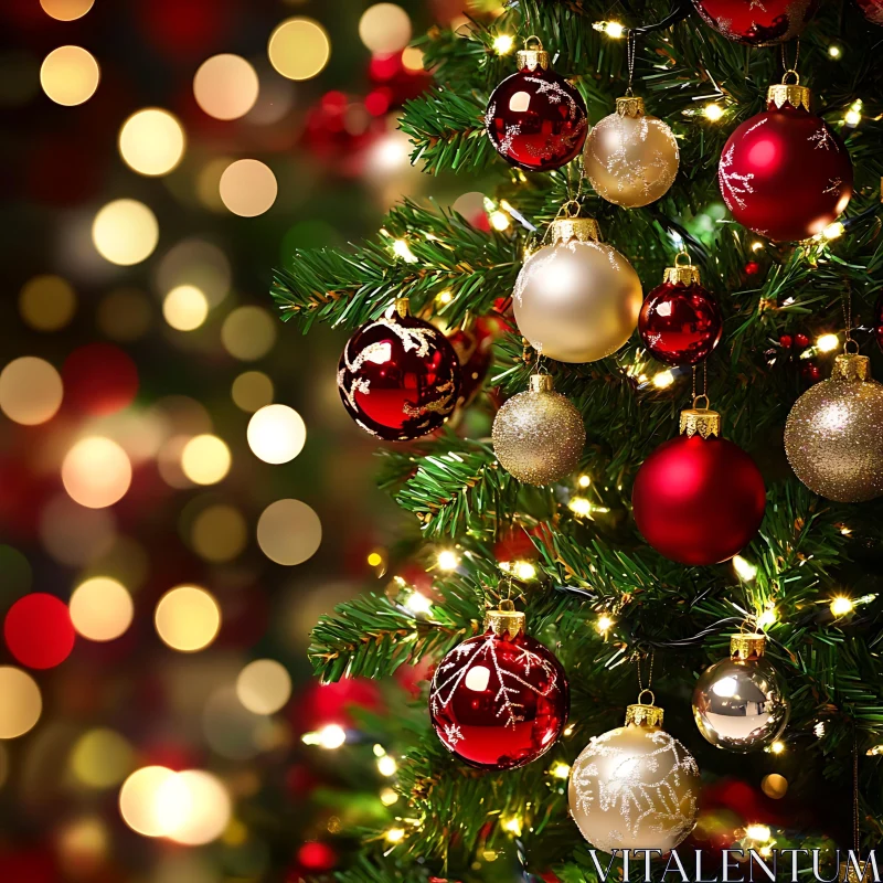 Festive Christmas Tree Decorations with Red and Gold Ornaments AI Image