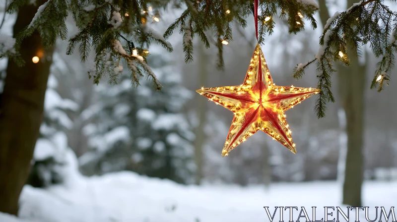 AI ART Illuminated Star Decoration Amidst Snow-Covered Trees