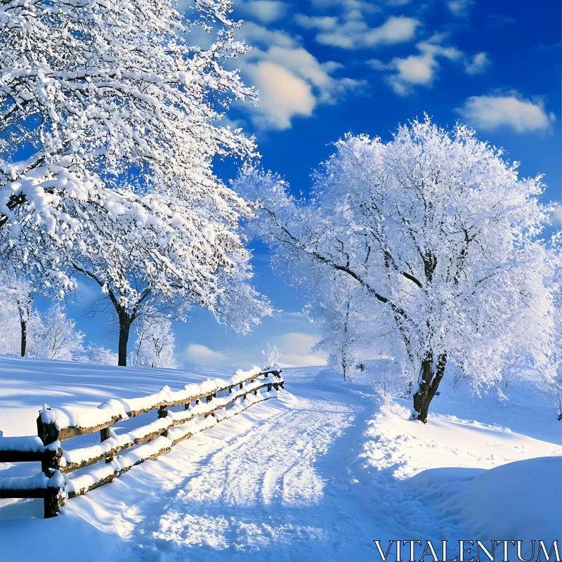 Picturesque Snowy Winter Scene with Wooden Fence AI Image