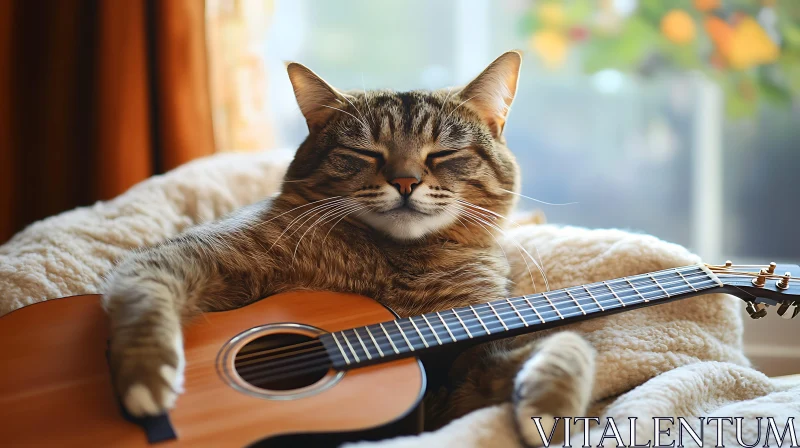 Serene Tabby Cat and Guitar AI Image