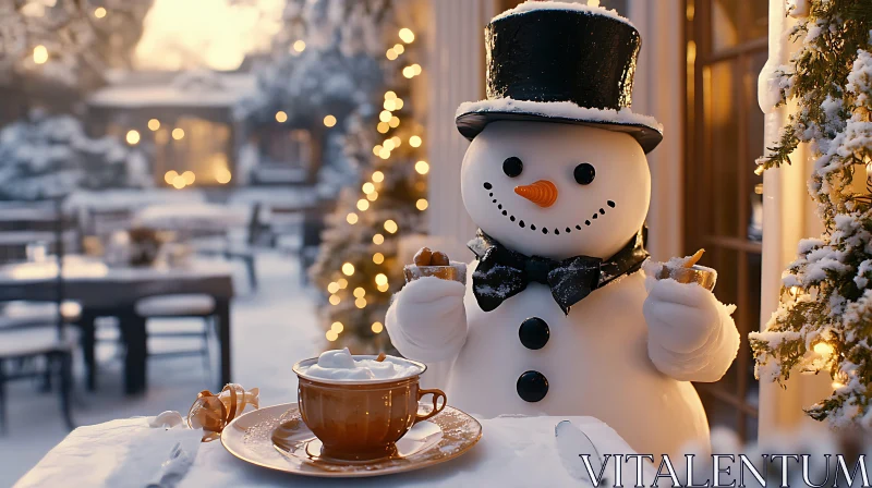 Festive Winter Snowman and Christmas Lights AI Image