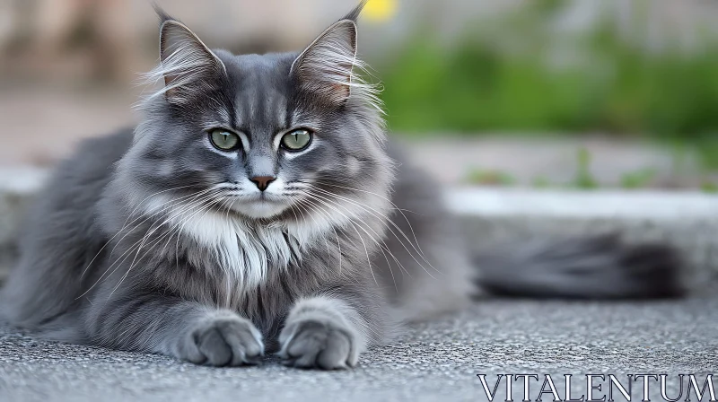 AI ART Portrait of a Beautiful Grey Cat with Fluffy Fur and Green Eyes