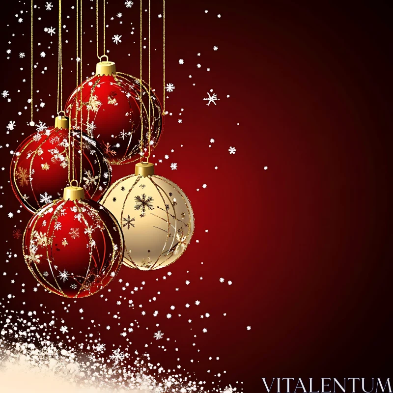 Festive Red and Golden Baubles with Snowflakes AI Image