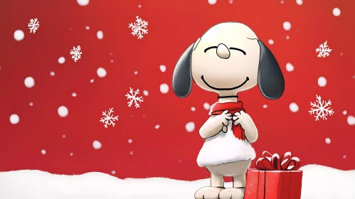 Festive Scene of Cartoon Dog with Snowflakes and Gift