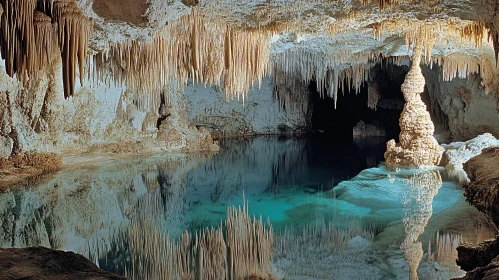 Underground Cave with Reflective Waters and Stalactites