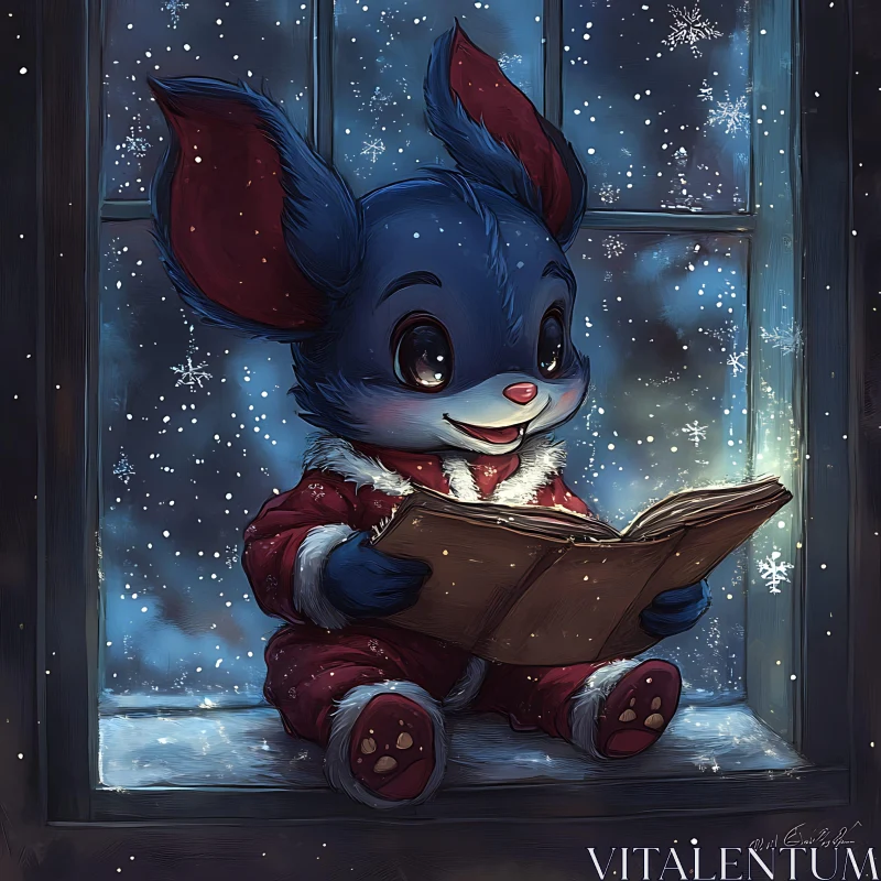 Charming Blue Character Enjoying a Winter Read AI Image