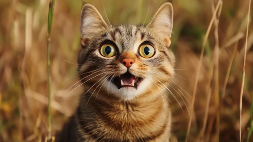 Expressive Tabby Cat with Wide Eyes in Grass