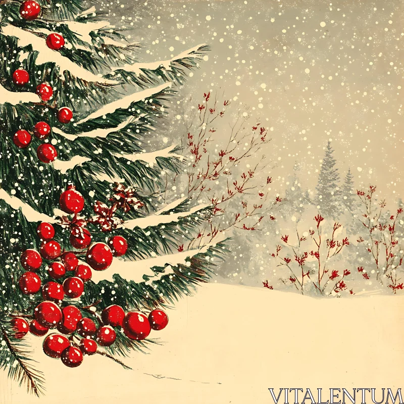 Winter Wonderland: Snowy Evergreen Tree with Berries AI Image