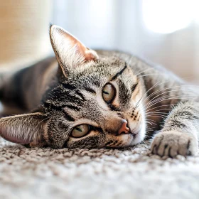 Close-Up of Tabby Cat Resting on Carpet