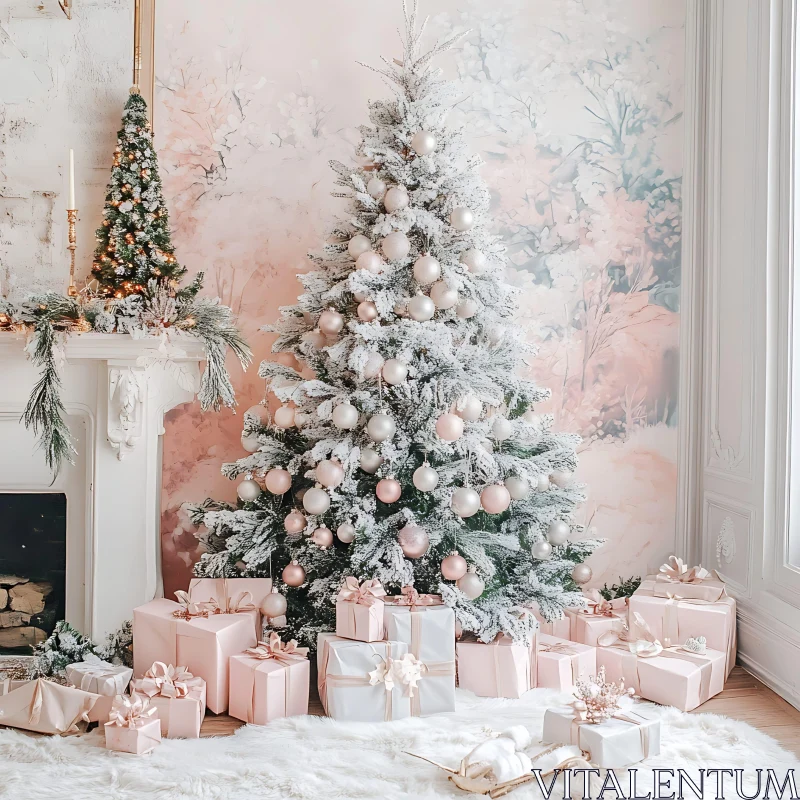 Frosted Christmas Tree and Pastel Gift Boxes AI Image