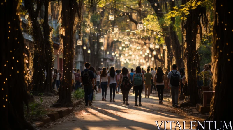 Captivating People Walking with Lanterns in a Tree-lined Path AI Image