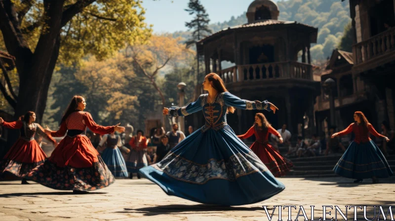 Enchanting Medieval-Inspired Dance by Women Near a Waterfall AI Image