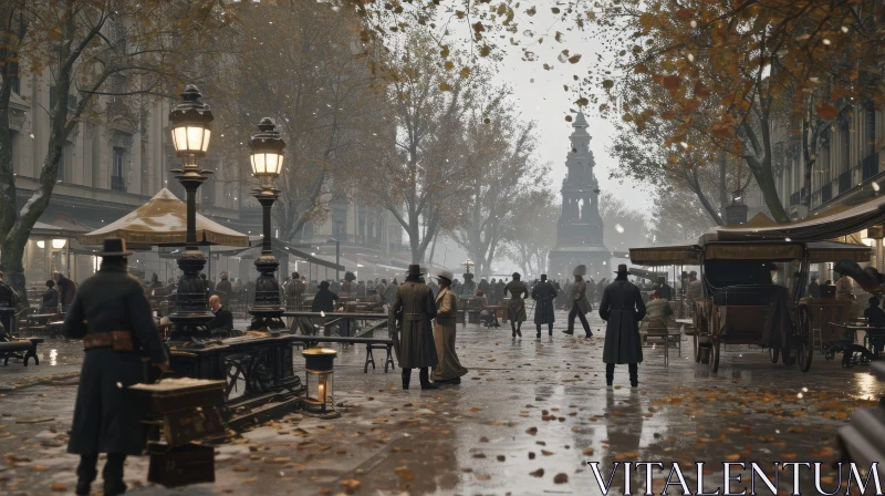 Enigmatic Streetscape: 19th-Century European City on a Rainy Day AI Image