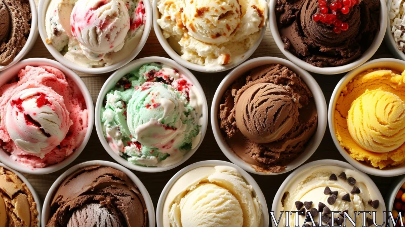Exquisite Arrangement of Nine Flavored Ice Cream Bowls AI Image