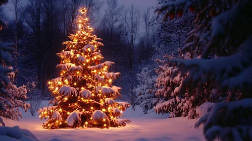 Glowing Christmas Tree Amid Snow-Covered Forest