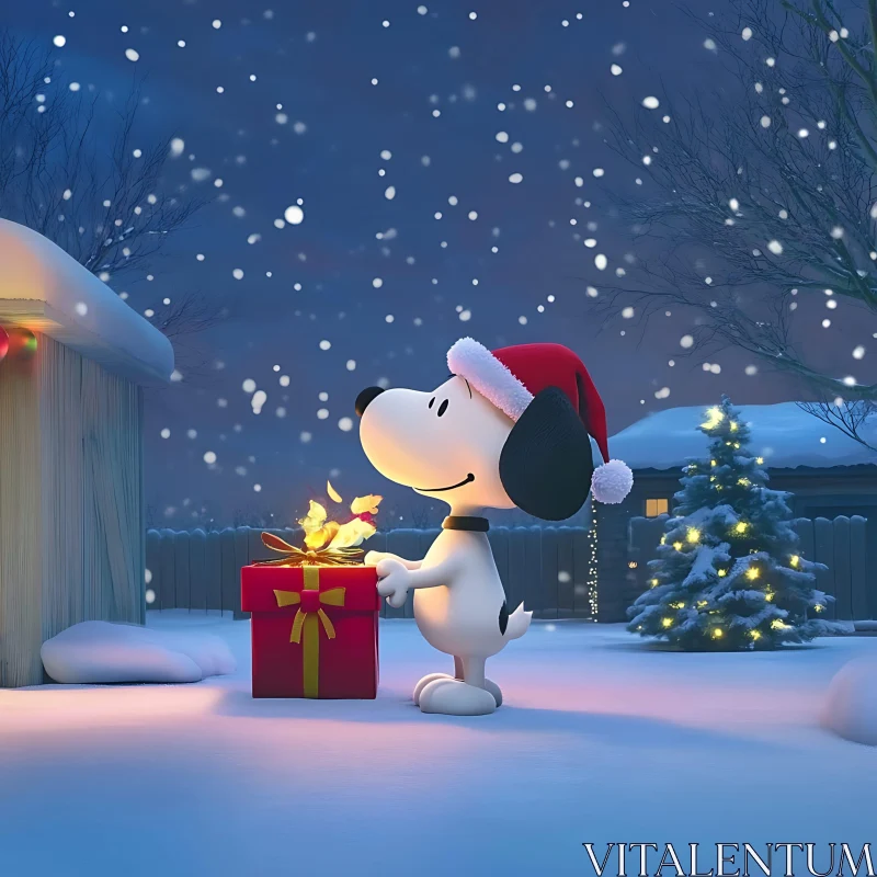 Festive Cartoon Dog in Santa Hat with Gift Box AI Image