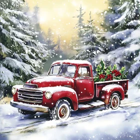 Nostalgic Red Truck in Winter Wonderland