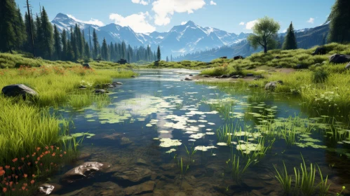 Serene Water Body Amidst Majestic Mountain and Detailed Flora