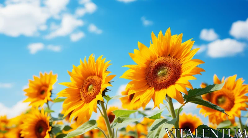 Sunny Sunflowers in Field under Clear Blue Sky AI Image